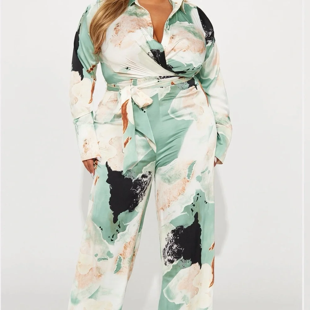 Fashion Nova Abstract Green Jumpsuit - Picture 2 of 3